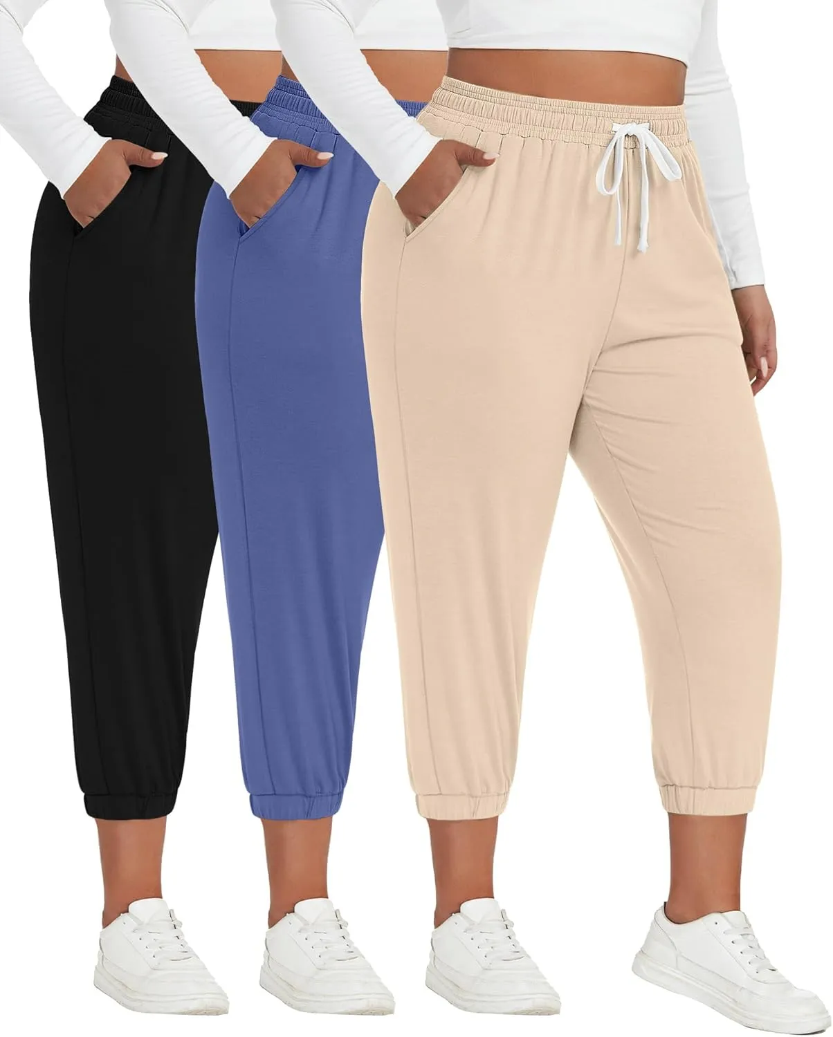 Ficerd 3 Pack Women's Plus Size Capri Sweatpants Cotton Drawstring Joggers Cropped Athletic Lounge Pants with Pockets