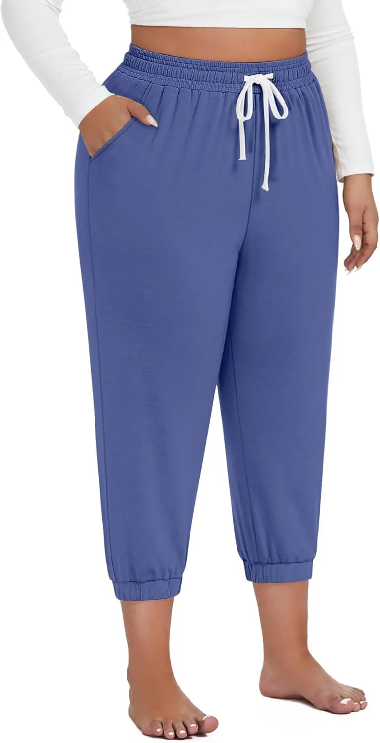 Ficerd 3 Pack Women's Plus Size Capri Sweatpants Cotton Drawstring Joggers Cropped Athletic Lounge Pants with Pockets