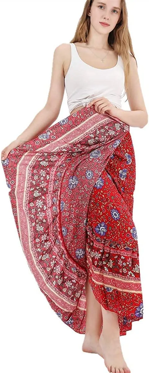 ForeMode Women Boho Print High Waist Side Wrap Bohemian Asymmetric Hem Maxi Long Skirt One Size