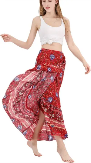 ForeMode Women Boho Print High Waist Side Wrap Bohemian Asymmetric Hem Maxi Long Skirt One Size