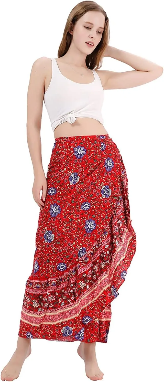 ForeMode Women Boho Print High Waist Side Wrap Bohemian Asymmetric Hem Maxi Long Skirt One Size