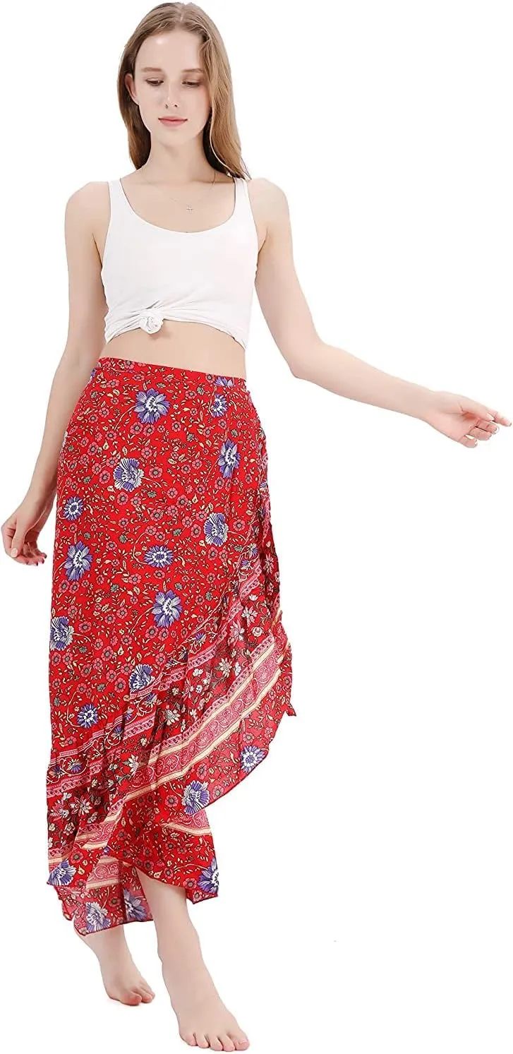 ForeMode Women Boho Print High Waist Side Wrap Bohemian Asymmetric Hem Maxi Long Skirt One Size