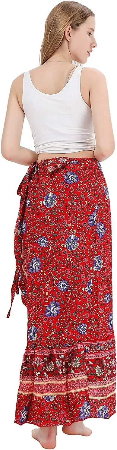 ForeMode Women Boho Print High Waist Side Wrap Bohemian Asymmetric Hem Maxi Long Skirt One Size