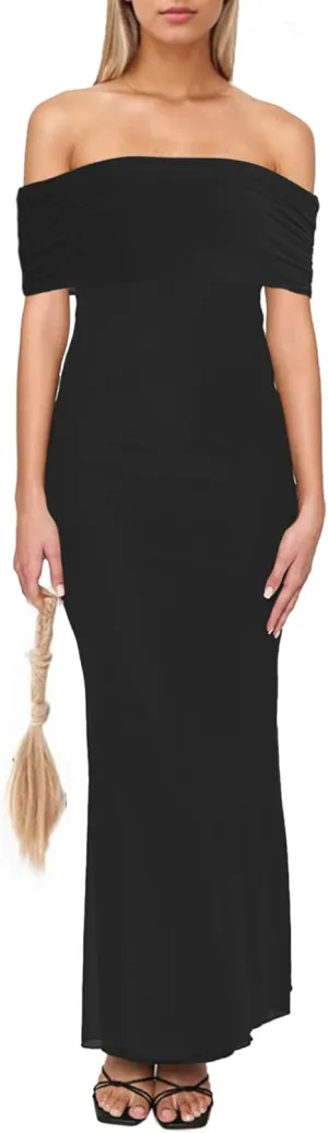 ISZPLUSH Womens Bodycon Maxi Dress Off Shoulder Sleeveless Mesh Ruched Fomal Wedding Guest Elegant Party Cocktail Long Dress