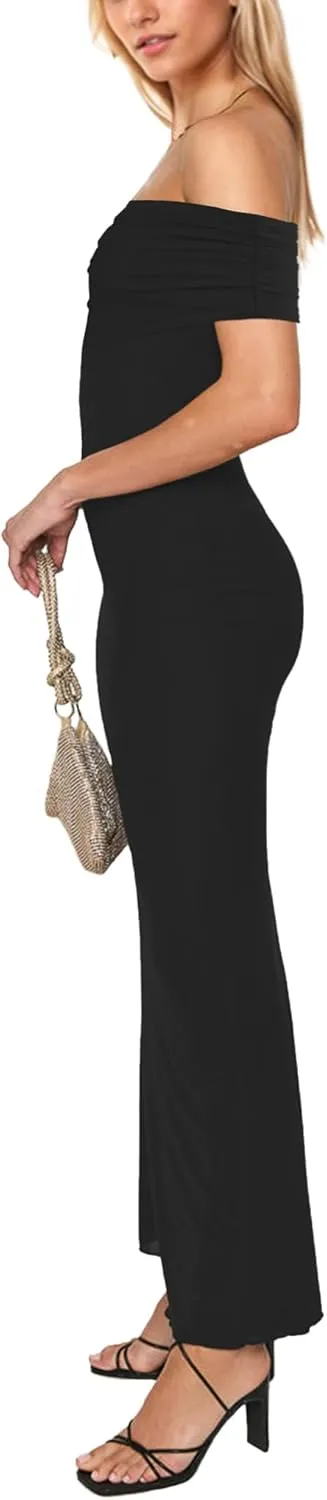 ISZPLUSH Womens Bodycon Maxi Dress Off Shoulder Sleeveless Mesh Ruched Fomal Wedding Guest Elegant Party Cocktail Long Dress