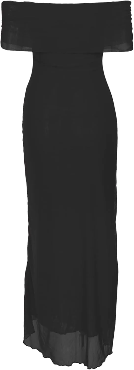 ISZPLUSH Womens Bodycon Maxi Dress Off Shoulder Sleeveless Mesh Ruched Fomal Wedding Guest Elegant Party Cocktail Long Dress