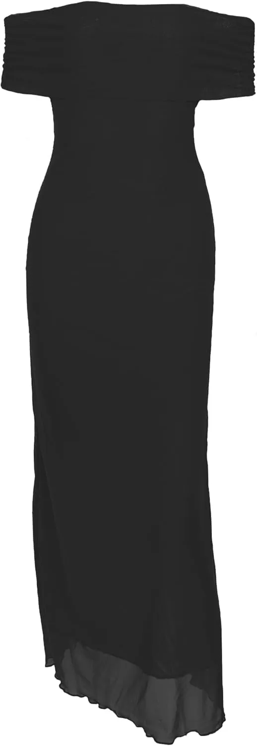 ISZPLUSH Womens Bodycon Maxi Dress Off Shoulder Sleeveless Mesh Ruched Fomal Wedding Guest Elegant Party Cocktail Long Dress
