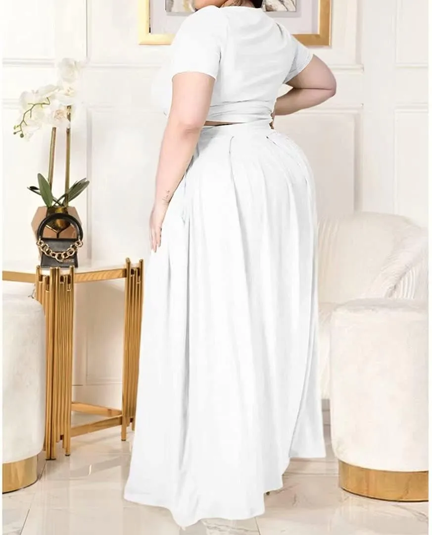 IyMoo Womens Plus Size 2 Piece Dress Outfits Short Sleeve Bandage Wrap Empire Crop Tops and Skirt Sets