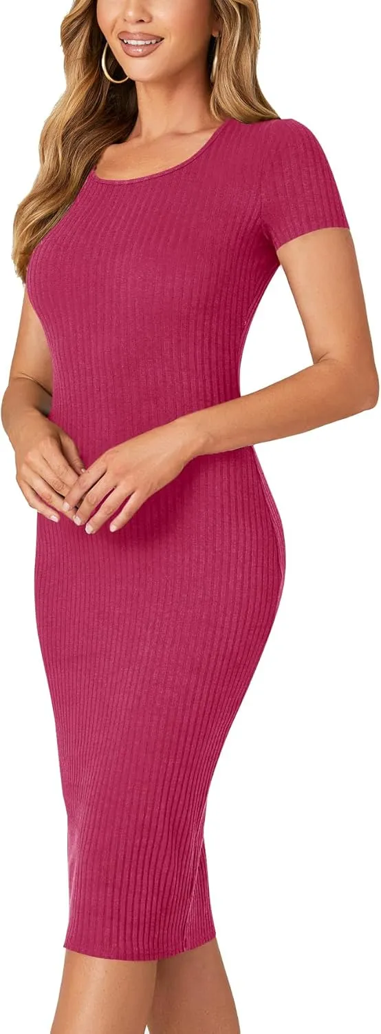 LYANER Women's Summer Round Neck Short Sleeve Ribbed Knit Bodycon Pencil Midi Dress