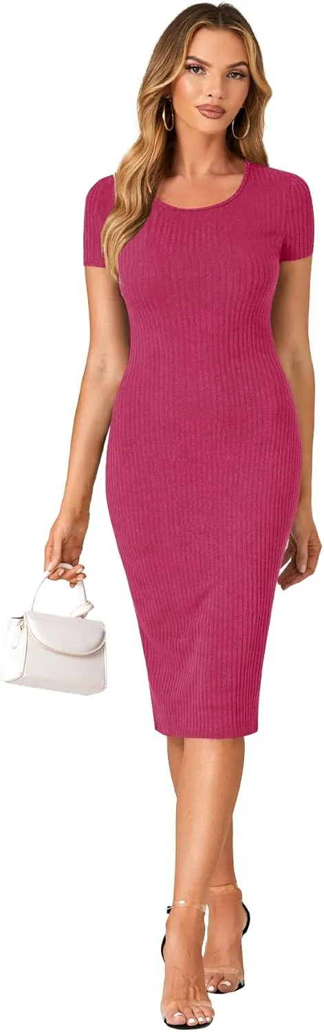 LYANER Women's Summer Round Neck Short Sleeve Ribbed Knit Bodycon Pencil Midi Dress
