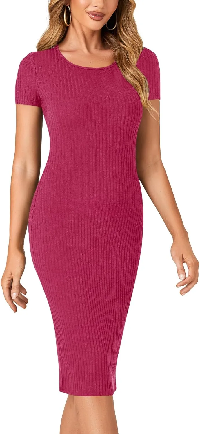 LYANER Women's Summer Round Neck Short Sleeve Ribbed Knit Bodycon Pencil Midi Dress