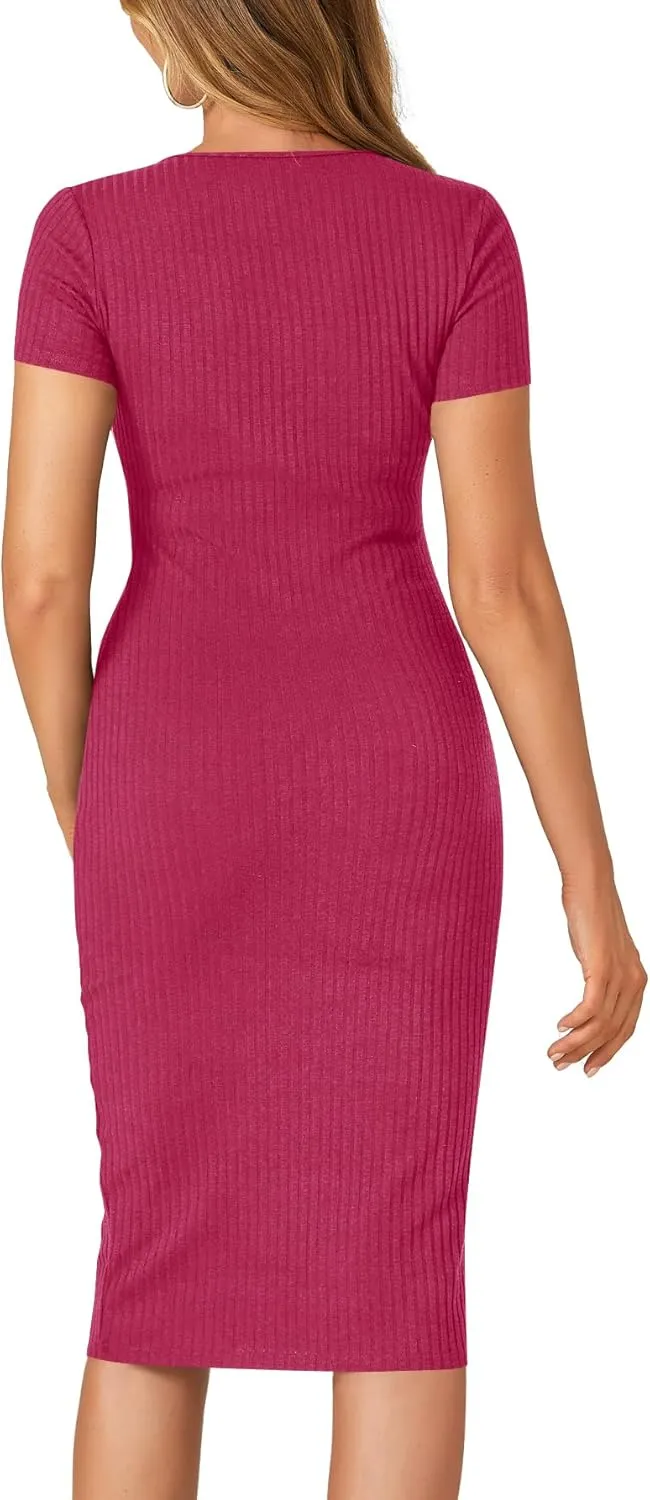 LYANER Women's Summer Round Neck Short Sleeve Ribbed Knit Bodycon Pencil Midi Dress