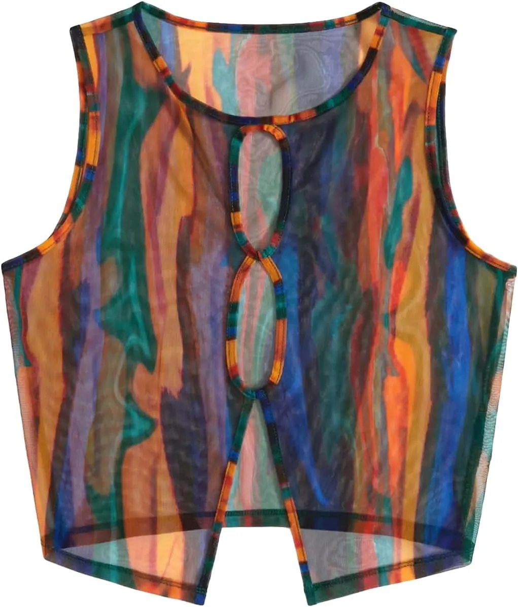 Milumia Women's Cutout Sheer Mesh Crop Tank Top Neon Rave Tops Festival