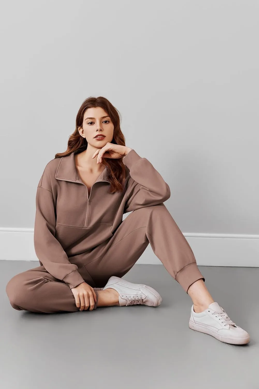 PINSPARK 2 Piece Sets for Women 2024 Fall Travel Outfits Long Sleeve Tracksuit Joggers Sets Half Zip Sweatsuit Matching Set