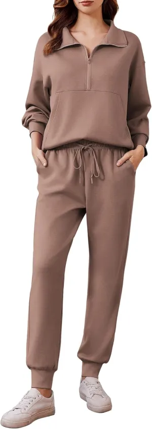 PINSPARK 2 Piece Sets for Women 2024 Fall Travel Outfits Long Sleeve Tracksuit Joggers Sets Half Zip Sweatsuit Matching Set