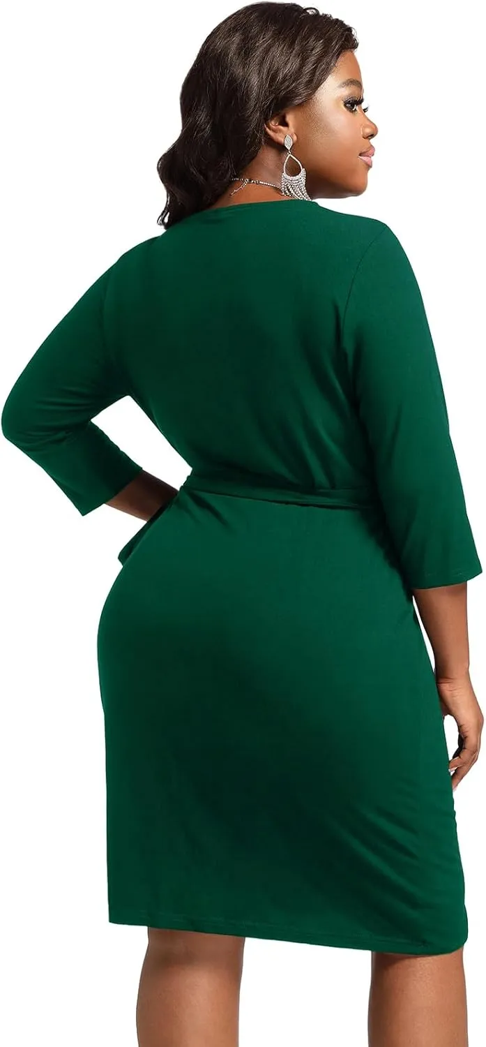 Plus Size Faux Wrap Bodycon Dress for Curvy Women Keyhole 3/4 Sleeve Sexy Cocktail Midi Wedding Guest Dresses