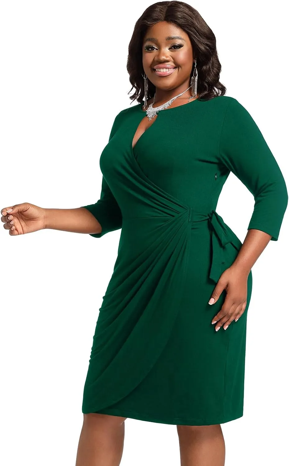 Plus Size Faux Wrap Bodycon Dress for Curvy Women Keyhole 3/4 Sleeve Sexy Cocktail Midi Wedding Guest Dresses