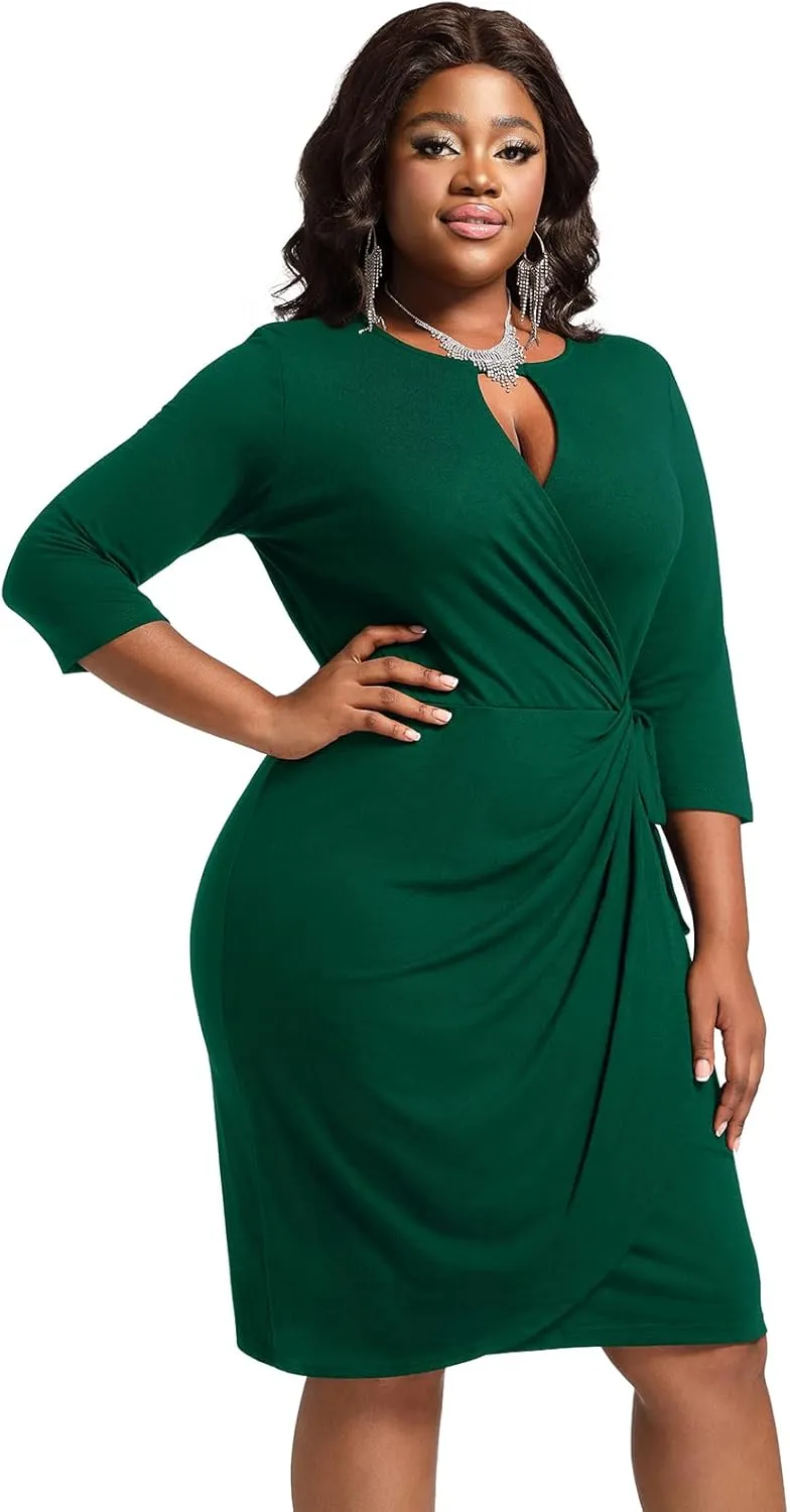 Plus Size Faux Wrap Bodycon Dress for Curvy Women Keyhole 3/4 Sleeve Sexy Cocktail Midi Wedding Guest Dresses