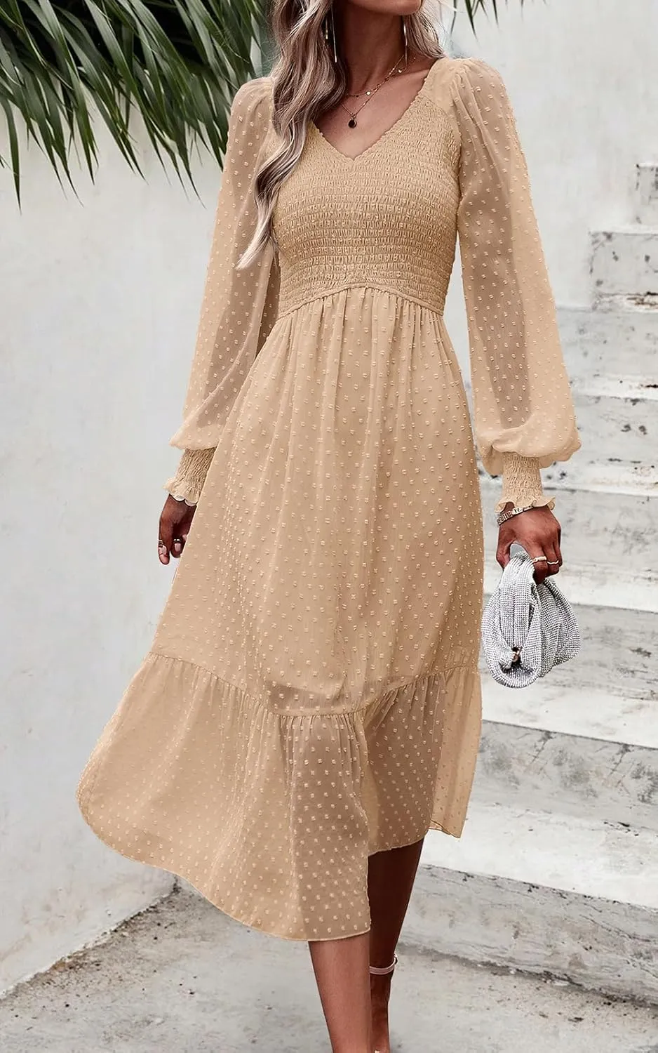PRETTYGARDEN Women's Fall Dresses 2025 Long Sleeve V Neck Swiss Dot Empire Waist Chiffon Dress Ruffle Smocked Midi Dresses