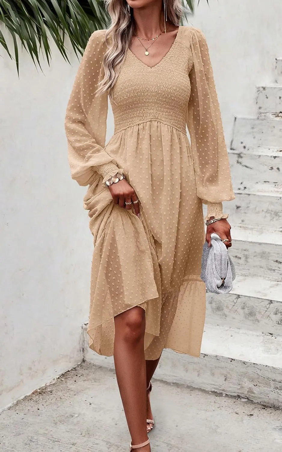 PRETTYGARDEN Women's Fall Dresses 2025 Long Sleeve V Neck Swiss Dot Empire Waist Chiffon Dress Ruffle Smocked Midi Dresses