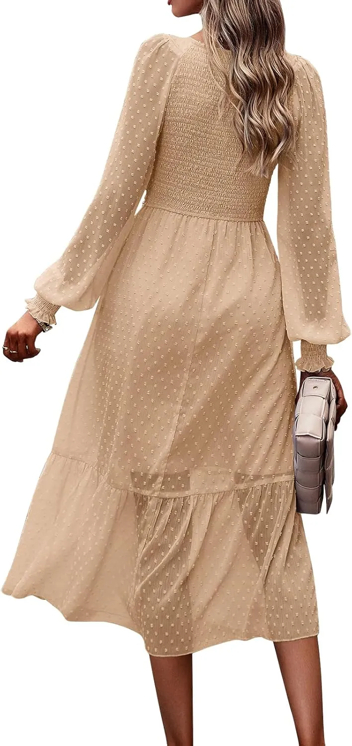 PRETTYGARDEN Women's Fall Dresses 2025 Long Sleeve V Neck Swiss Dot Empire Waist Chiffon Dress Ruffle Smocked Midi Dresses