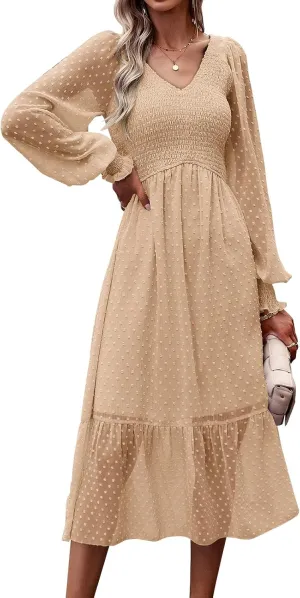 PRETTYGARDEN Women's Fall Dresses 2025 Long Sleeve V Neck Swiss Dot Empire Waist Chiffon Dress Ruffle Smocked Midi Dresses