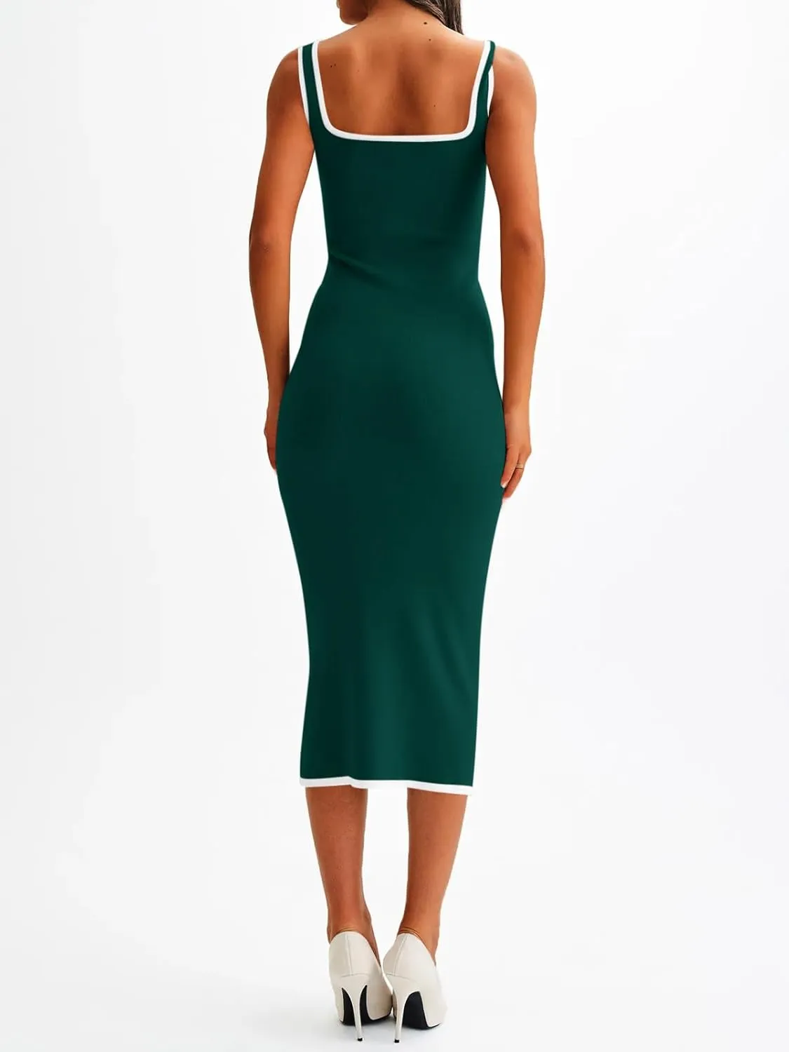 Saodimallsu Womens Summer Sleeveless Midi Dress Square Neck Knit Cocktail Bodycon Color Block Tank Dresses