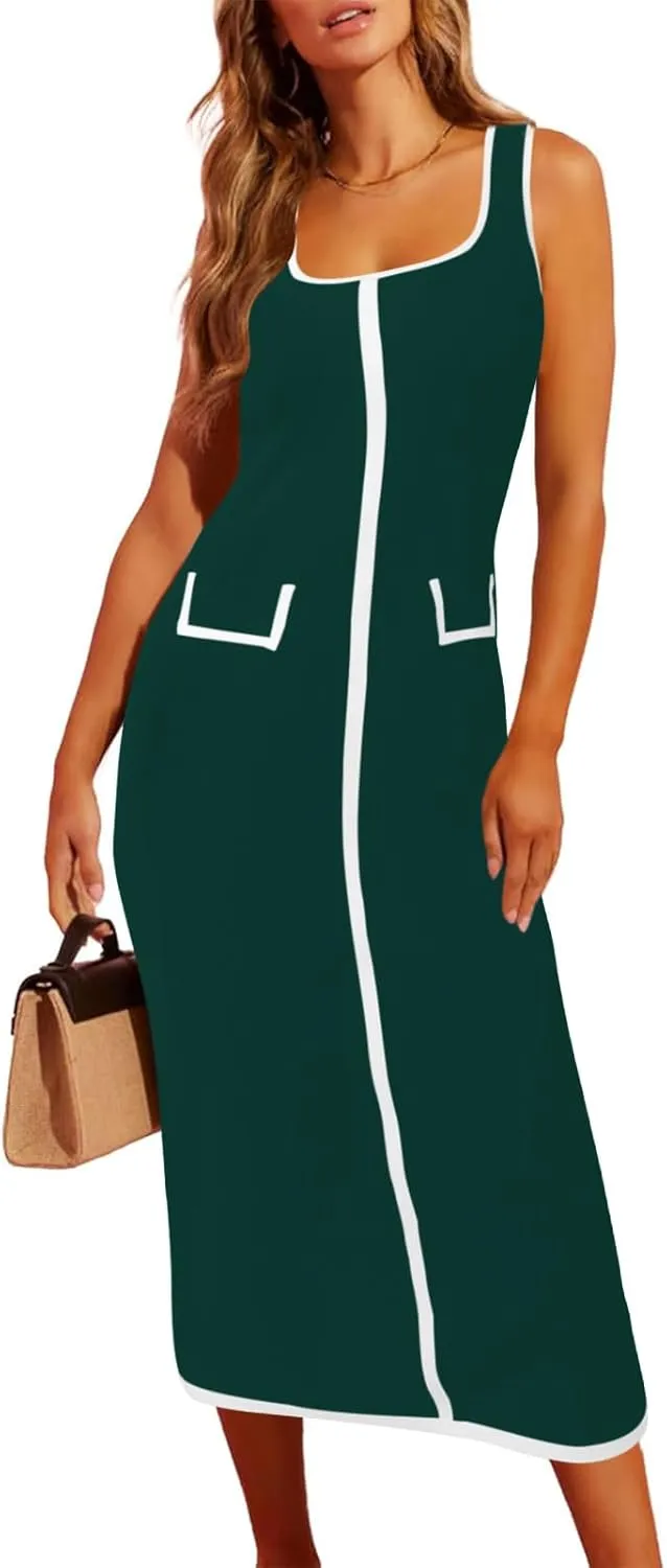 Saodimallsu Womens Summer Sleeveless Midi Dress Square Neck Knit Cocktail Bodycon Color Block Tank Dresses