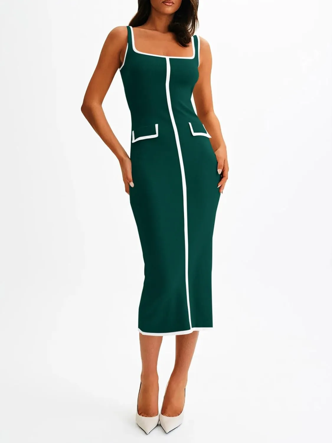 Saodimallsu Womens Summer Sleeveless Midi Dress Square Neck Knit Cocktail Bodycon Color Block Tank Dresses
