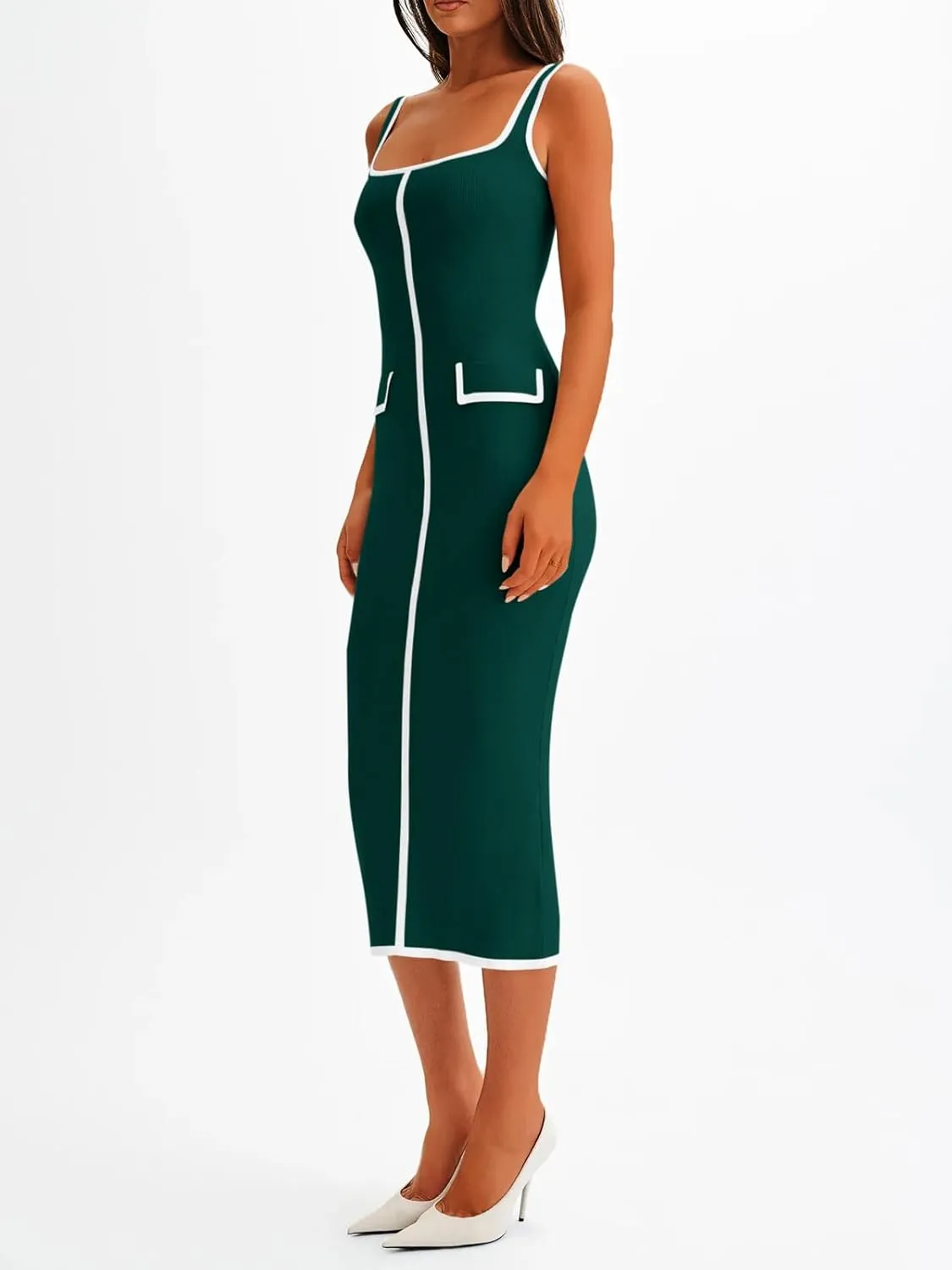Saodimallsu Womens Summer Sleeveless Midi Dress Square Neck Knit Cocktail Bodycon Color Block Tank Dresses