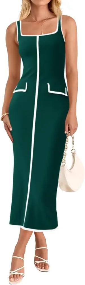 Saodimallsu Womens Summer Sleeveless Midi Dress Square Neck Knit Cocktail Bodycon Color Block Tank Dresses