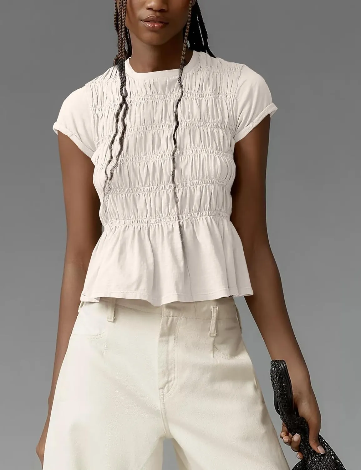Shiyifa Womens Peplum Babydoll Tops Smocked Ruched Crew Neck Cap Sleeve Tee