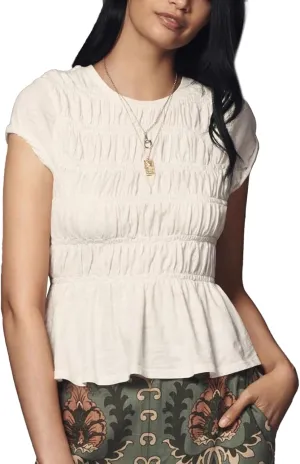 Shiyifa Womens Peplum Babydoll Tops Smocked Ruched Crew Neck Cap Sleeve Tee