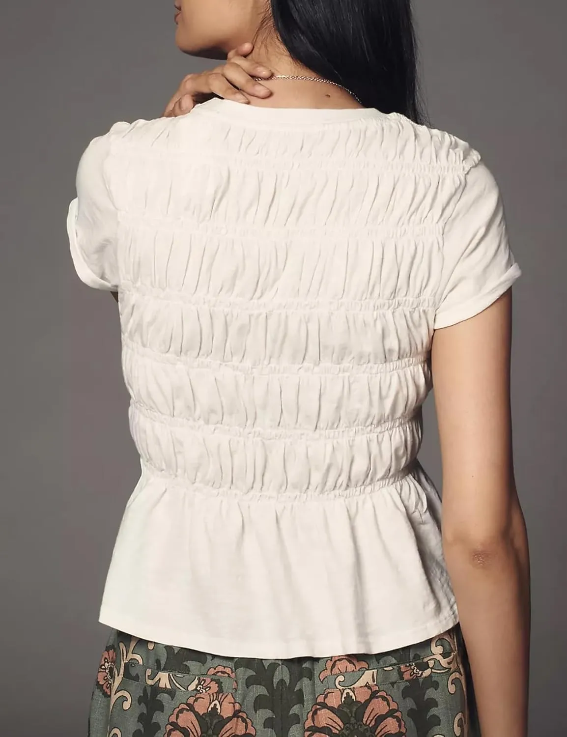 Shiyifa Womens Peplum Babydoll Tops Smocked Ruched Crew Neck Cap Sleeve Tee