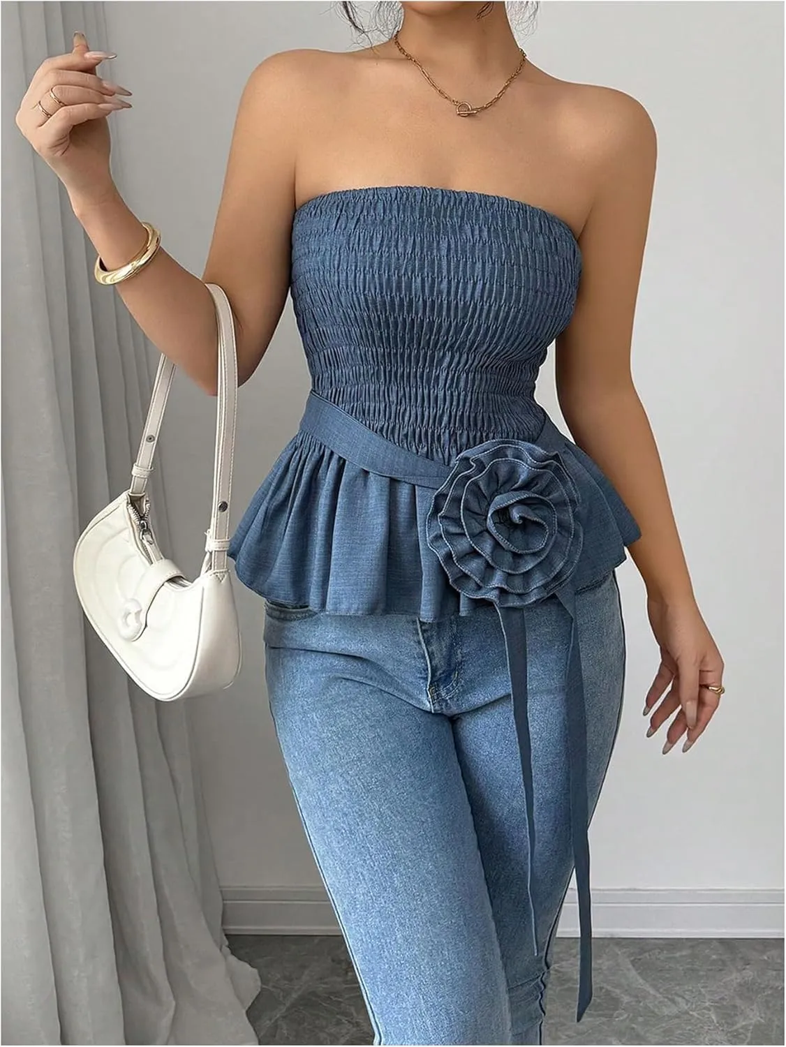 SOLY HUX Women's Y2k Strapless Tube Top Sleeveless Smocked Peplum Ruffle 3D Flower Belted Bandeau Tops