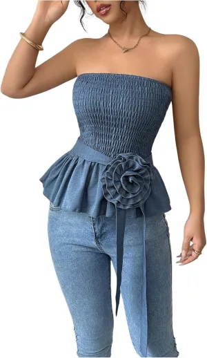 SOLY HUX Women's Y2k Strapless Tube Top Sleeveless Smocked Peplum Ruffle 3D Flower Belted Bandeau Tops