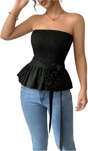 SOLY HUX Women's Y2k Strapless Tube Top Sleeveless Smocked Peplum Ruffle 3D Flower Belted Bandeau Tops