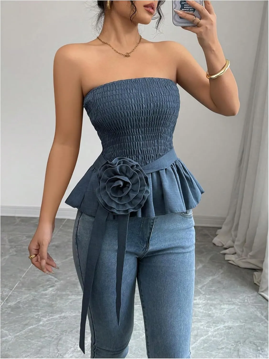 SOLY HUX Women's Y2k Strapless Tube Top Sleeveless Smocked Peplum Ruffle 3D Flower Belted Bandeau Tops