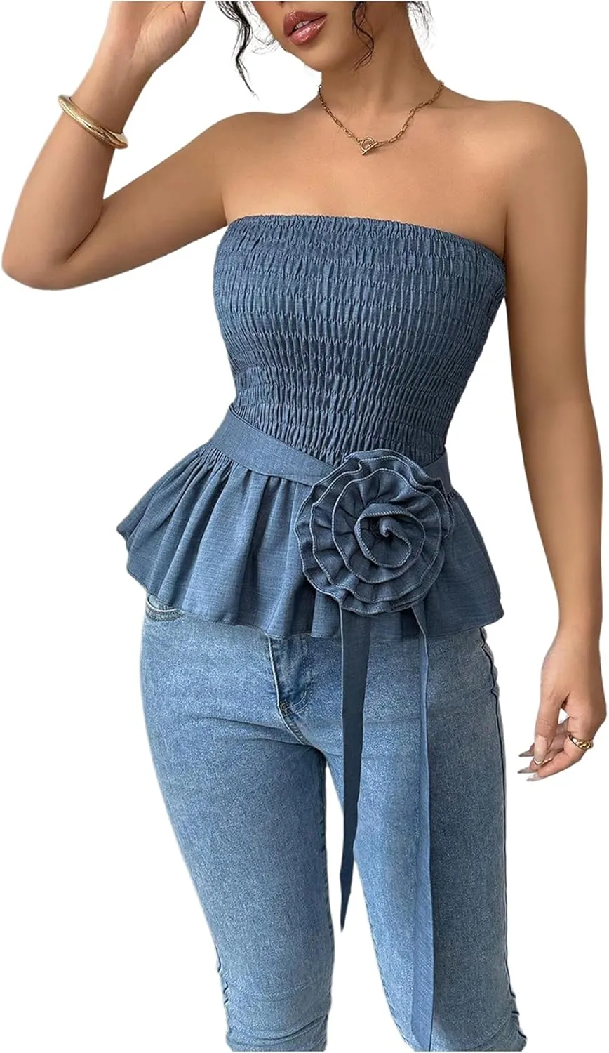 SOLY HUX Women's Y2k Strapless Tube Top Sleeveless Smocked Peplum Ruffle 3D Flower Belted Bandeau Tops
