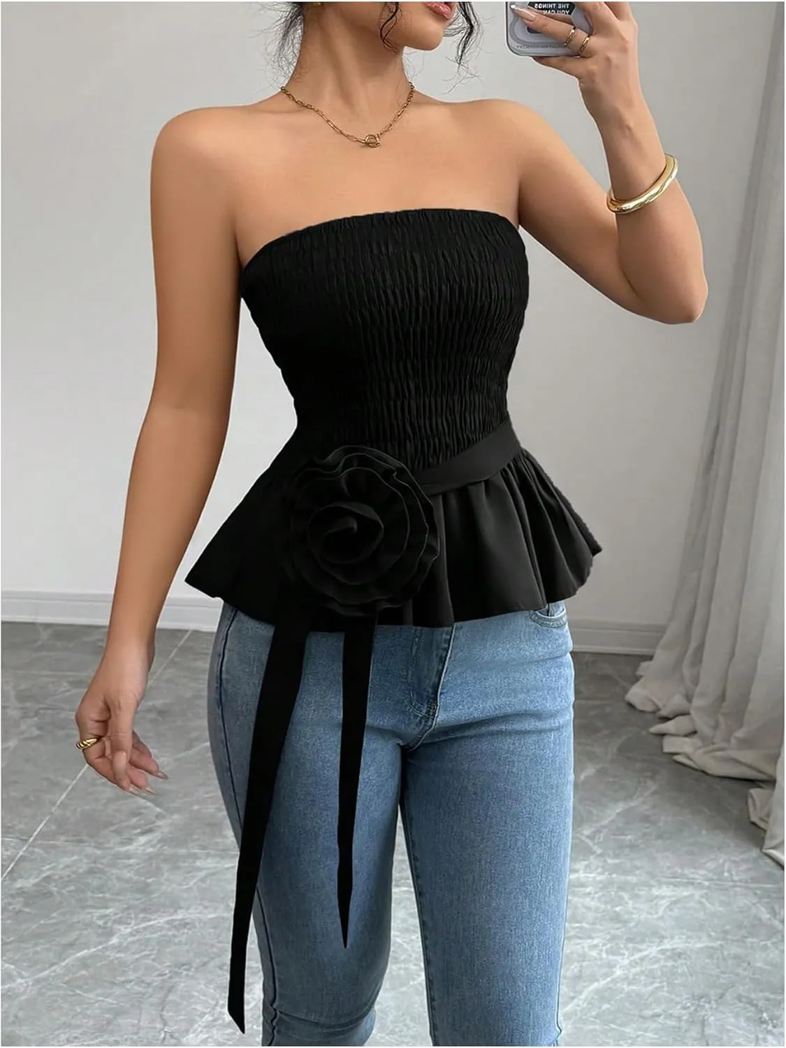 SOLY HUX Women's Y2k Strapless Tube Top Sleeveless Smocked Peplum Ruffle 3D Flower Belted Bandeau Tops