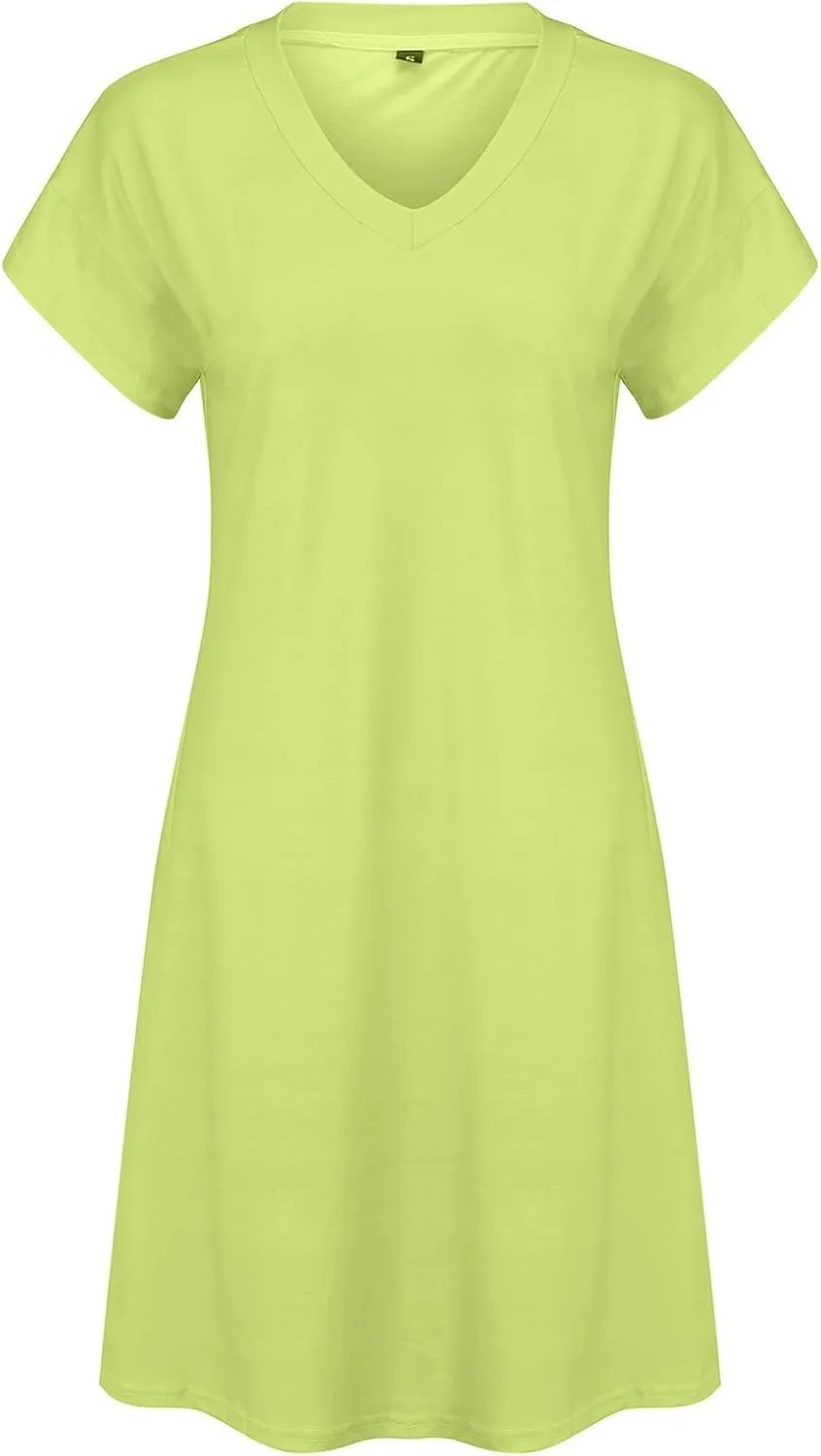 Summer Beach Dresses for Women V Neck Short Sleeve Flowy Knee Length Tshirt Dress Casual Loose Sundress