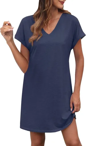 Summer Beach Dresses for Women V Neck Short Sleeve Flowy Knee Length Tshirt Dress Casual Loose Sundress
