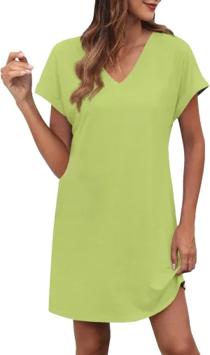 Summer Beach Dresses for Women V Neck Short Sleeve Flowy Knee Length Tshirt Dress Casual Loose Sundress