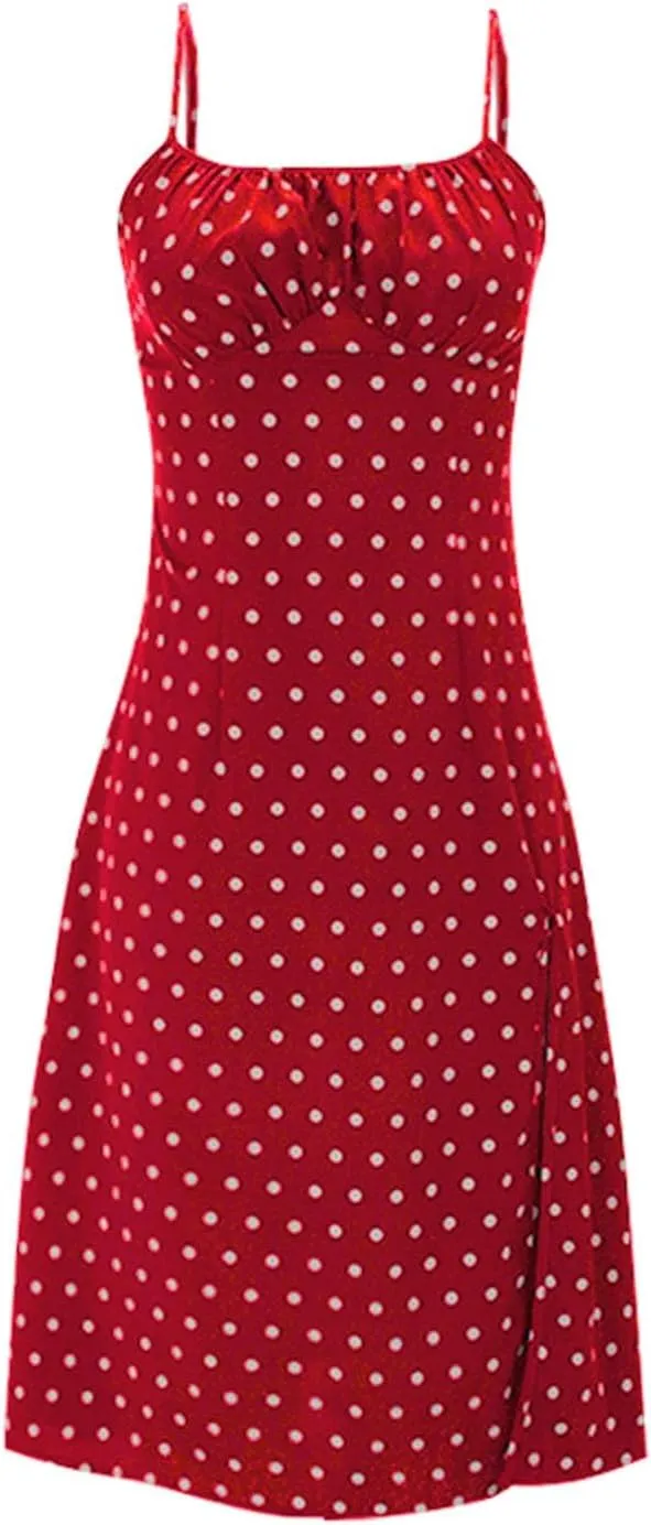 Summer Dresses for Women Spaghetti Strap Polka Dot Midi Dress 2025 Trendy Sexy Sleeveless Slit Beach Boho Sundresses