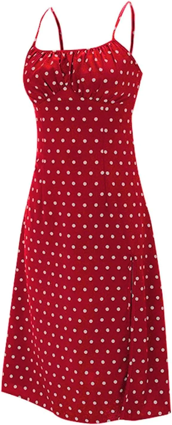 Summer Dresses for Women Spaghetti Strap Polka Dot Midi Dress 2025 Trendy Sexy Sleeveless Slit Beach Boho Sundresses