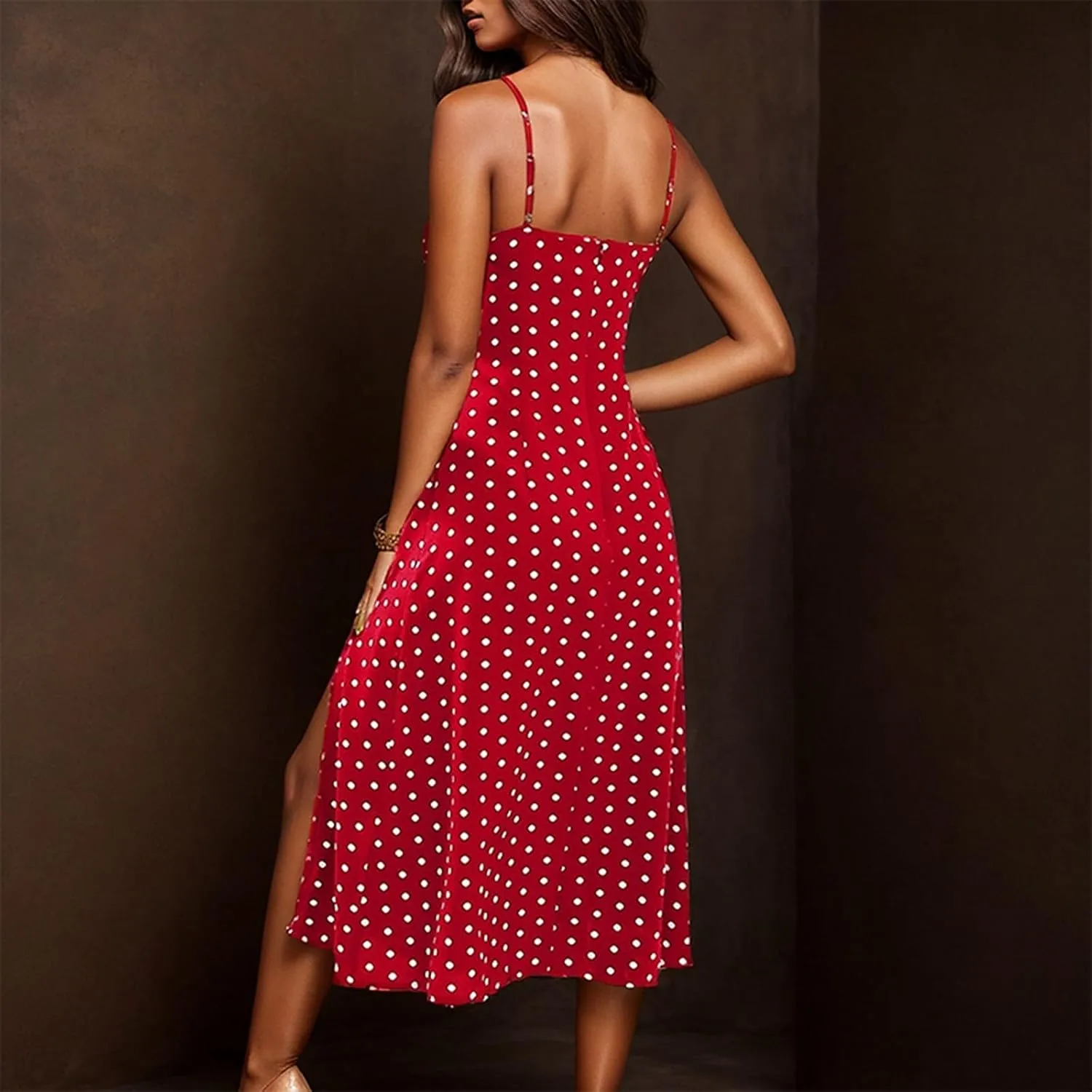 Summer Dresses for Women Spaghetti Strap Polka Dot Midi Dress 2025 Trendy Sexy Sleeveless Slit Beach Boho Sundresses