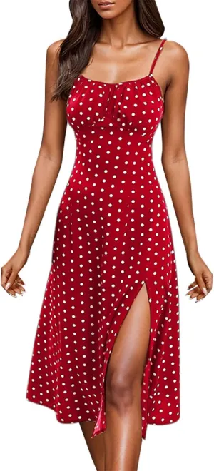 Summer Dresses for Women Spaghetti Strap Polka Dot Midi Dress 2025 Trendy Sexy Sleeveless Slit Beach Boho Sundresses