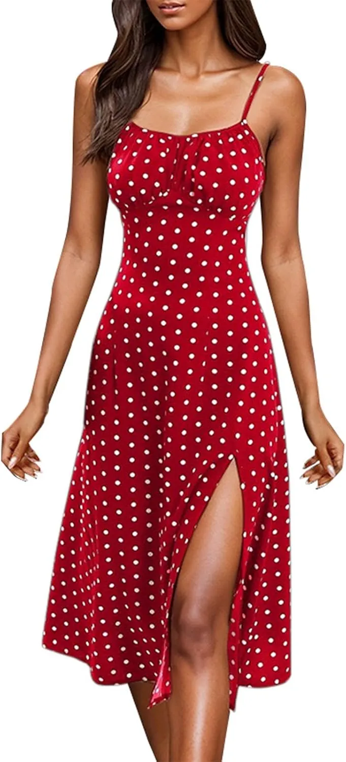 Summer Dresses for Women Spaghetti Strap Polka Dot Midi Dress 2025 Trendy Sexy Sleeveless Slit Beach Boho Sundresses