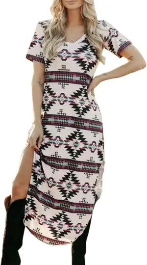 SVALIY Women's Summer Casual Maxi Dress Boho V Neck Short Sleeve Split Long Beach T Shirt Dress Travel Vacation Outfits
