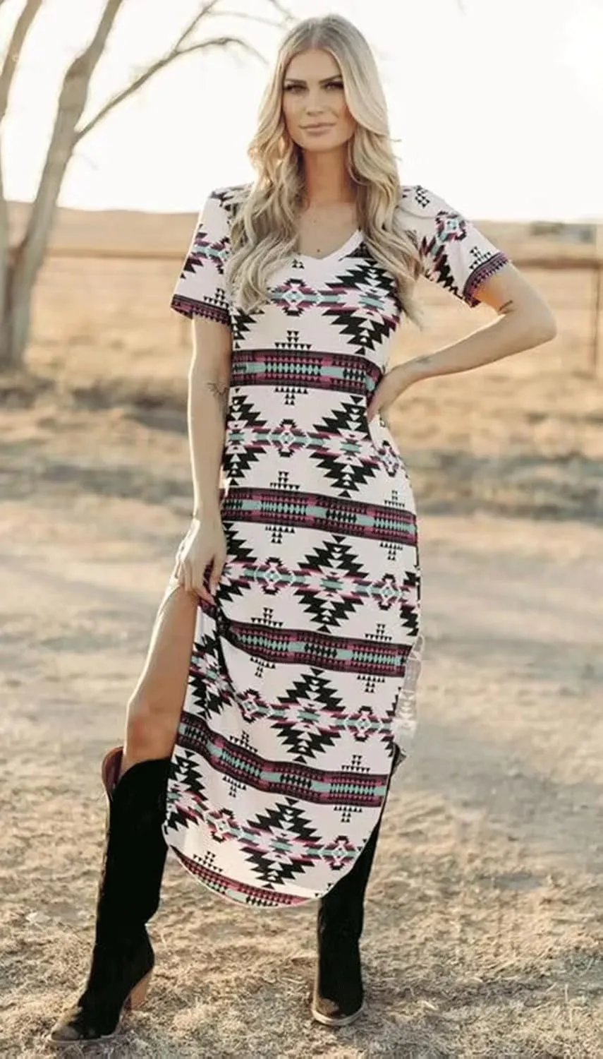 SVALIY Women's Summer Casual Maxi Dress Boho V Neck Short Sleeve Split Long Beach T Shirt Dress Travel Vacation Outfits